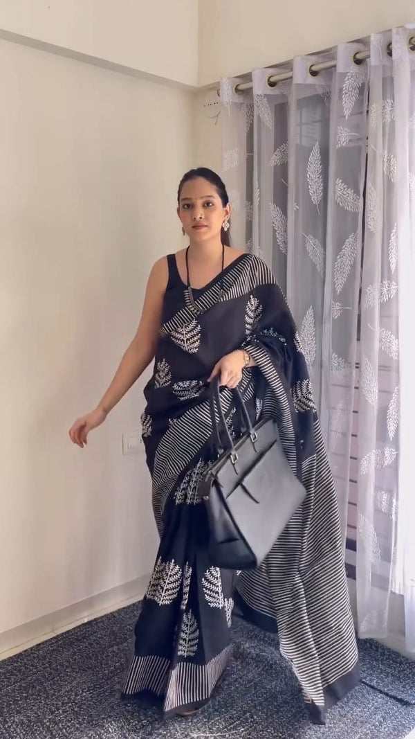 Black Printed Saree for Women | Leaf Print Designer Saree with Striped Border