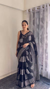 Black Printed Saree for Women | Leaf Print Designer Saree with Striped Border