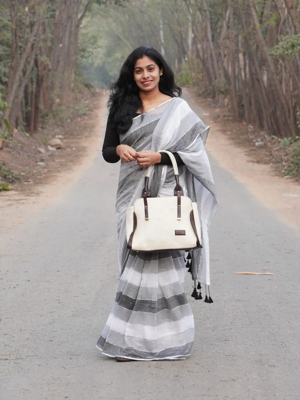 Grey Striped Linen Saree for Women | Elegant Contemporary Linen Saree