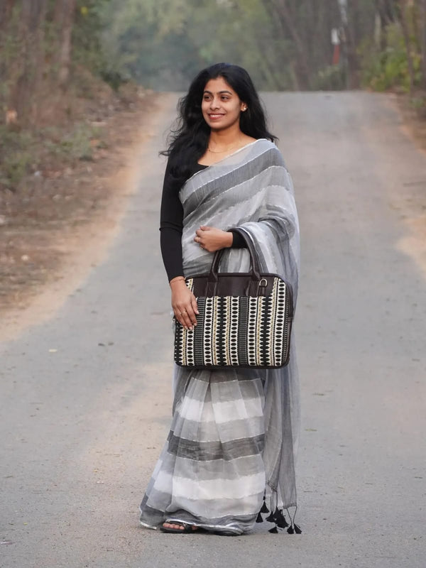 Grey Striped Linen Saree for Women | Elegant Contemporary Linen Saree