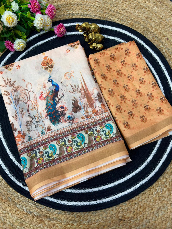 Mul Cotton Printed Saree for Women | Peacock Floral Digital Print Saree