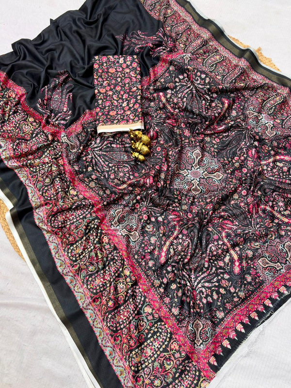 Black Mul Cotton Printed Saree for Women | Floral & Paisley Print Saree