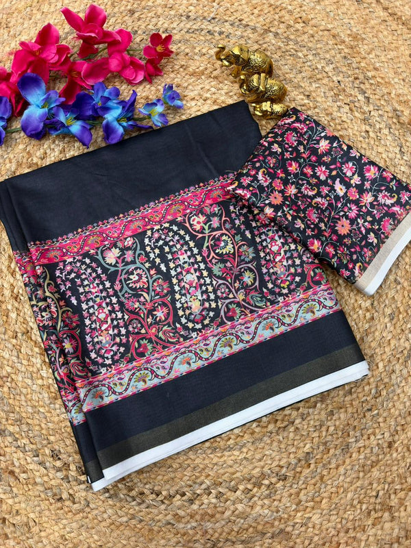 Black Mul Cotton Printed Saree for Women | Floral & Paisley Print Saree