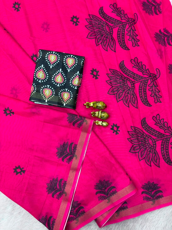 Pink Mul Cotton Printed Saree for Women | Floral & Traditional Print Saree