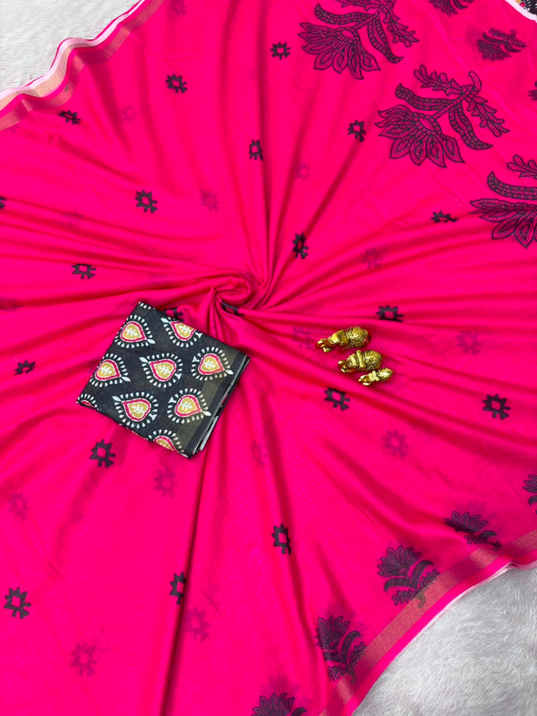 Pink Mul Cotton Printed Saree for Women | Floral & Traditional Print Saree