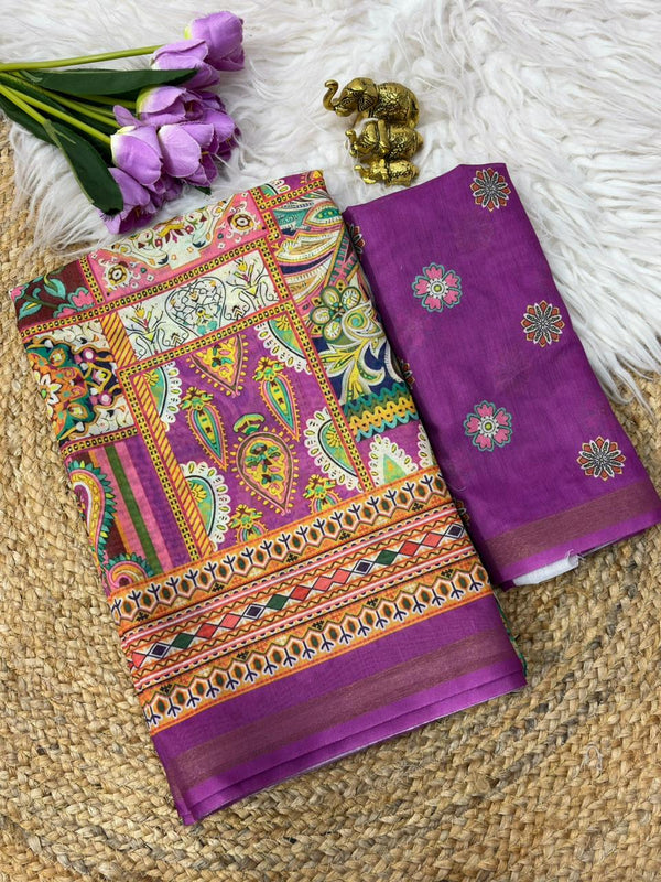 Purple Mul Cotton Printed Saree | Multicolor Ethnic Print Saree for Women