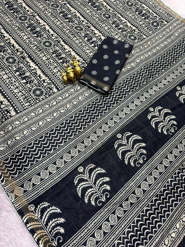 Black & White Mul Cotton Printed Saree | Traditional Ethnic Print Saree for Women