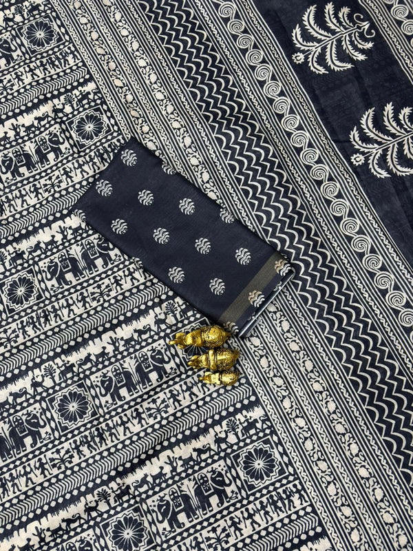 Black & White Mul Cotton Printed Saree | Traditional Ethnic Print Saree for Women