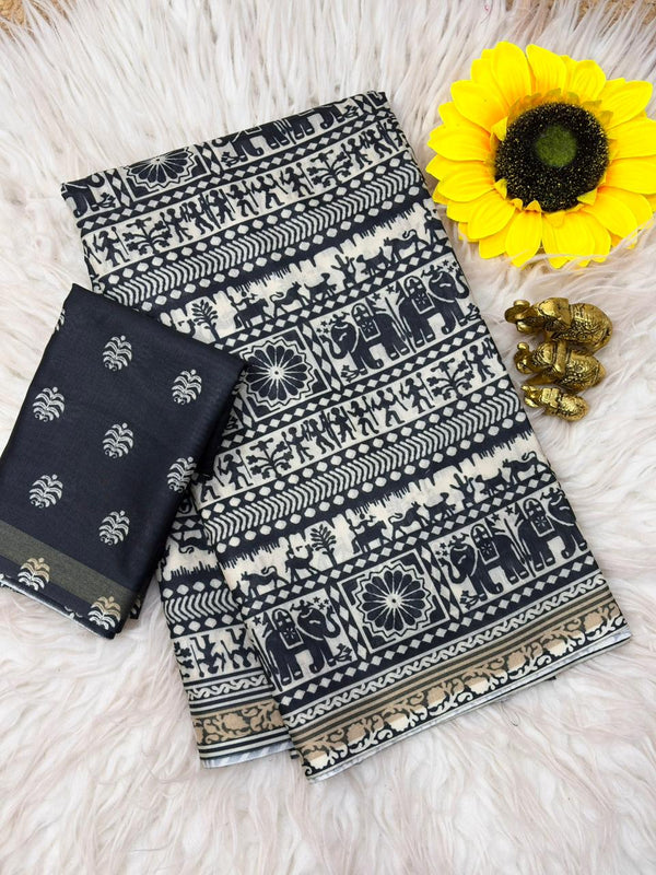 Black & White Mul Cotton Printed Saree | Traditional Ethnic Print Saree for Women