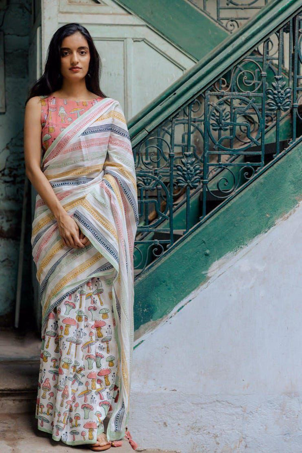 Linen Printed Saree for Women | Stylish Mushroom Print & Striped Border Saree
