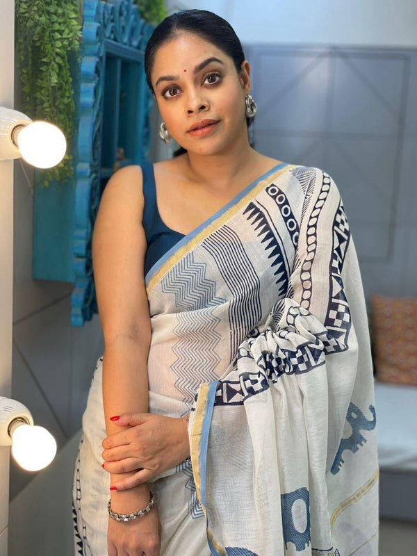 Blue & White Printed Linen Saree for Women | Elegant Designer Linen Saree