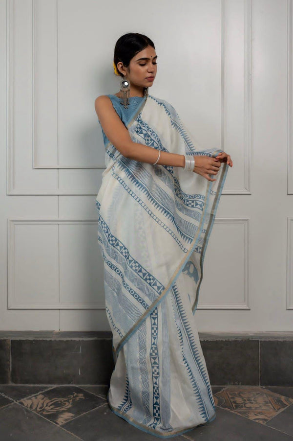Blue & White Printed Linen Saree for Women | Elegant Designer Linen Saree