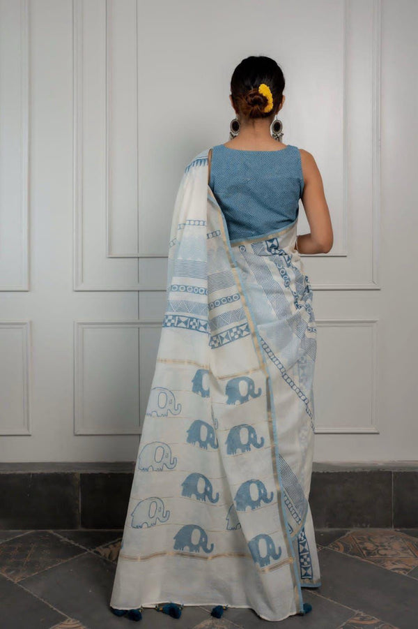 Blue & White Printed Linen Saree for Women | Elegant Designer Linen Saree