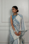 Blue & White Printed Linen Saree for Women | Elegant Designer Linen Saree