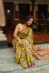 Green Printed Saree for Women | Stylish Floral & Striped Designer Saree