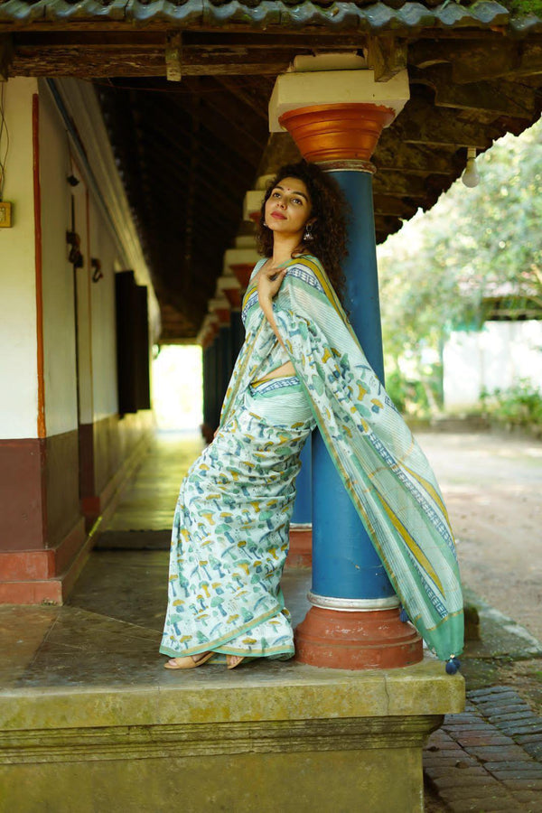 Mint Green Linen Saree with Mushroom Print | Stylish Printed Linen Saree for Women