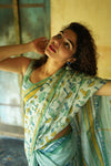 Mint Green Linen Saree with Mushroom Print | Stylish Printed Linen Saree for Women