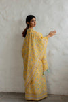 Mustard Yellow Linen Saree with Mushroom Print & Striped Pallu | Printed Linen Saree for Women