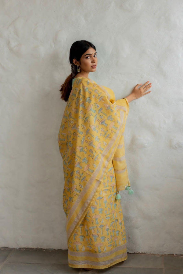 Mustard Yellow Linen Saree with Mushroom Print & Striped Pallu | Printed Linen Saree for Women