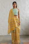 Mustard Yellow Linen Saree with Mushroom Print & Striped Pallu | Printed Linen Saree for Women