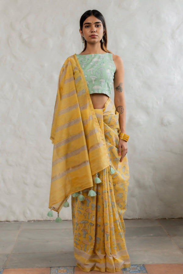 Mustard Yellow Linen Saree with Mushroom Print & Striped Pallu | Printed Linen Saree for Women