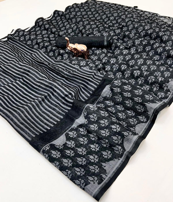 Black Floral Printed Linen Saree with Striped Pallu & Border | Elegant Linen Saree for Women