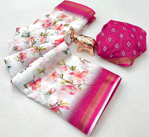 White Floral Printed Linen Saree with Pink Border & Geometric Pallu | Designer Linen Saree for Women