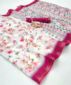 White Floral Printed Linen Saree with Pink Border & Geometric Pallu | Designer Linen Saree for Women