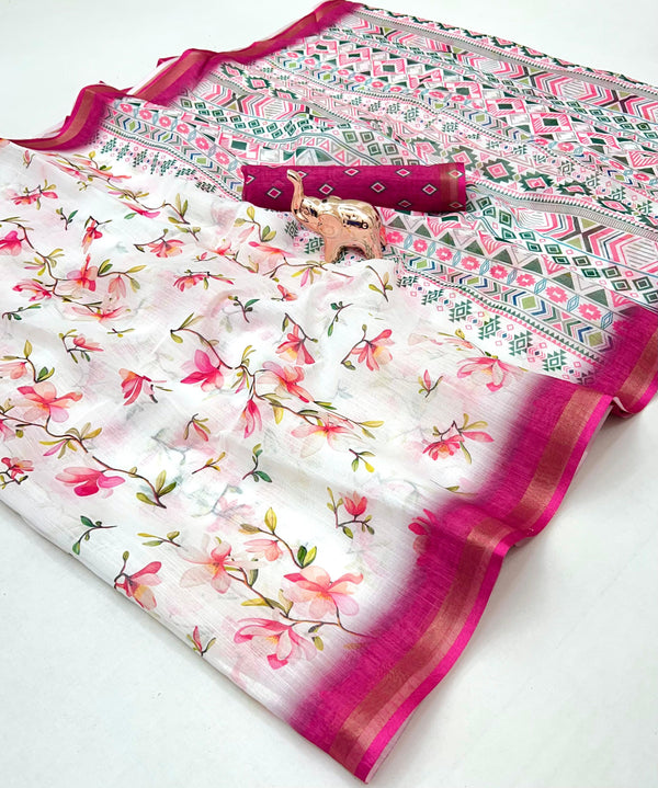 White Floral Printed Linen Saree with Pink Border & Geometric Pallu | Designer Linen Saree for Women
