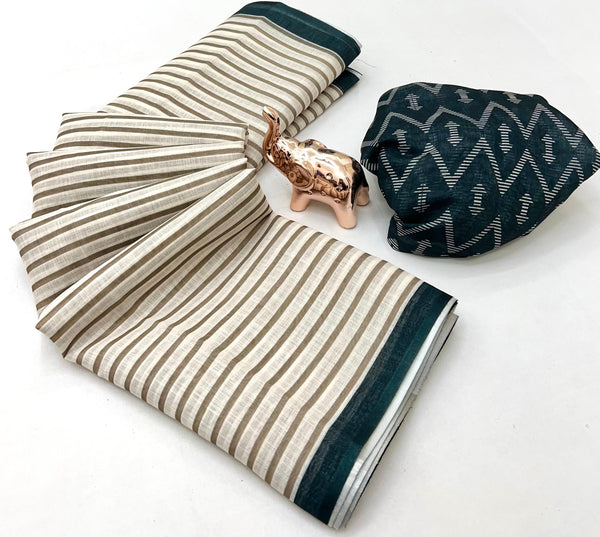 White & Black Printed Linen Saree with Mustard Geometric Pallu | Designer Linen Saree for Women