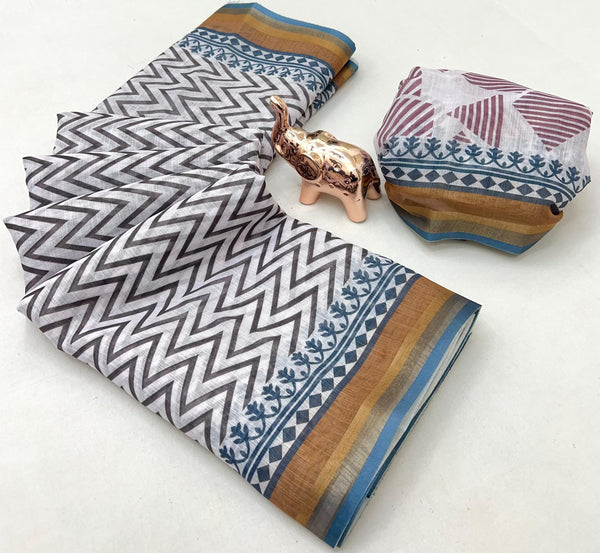 White Printed Linen Saree with Zigzag Pattern & Striped Pallu | Designer Linen Saree for Women