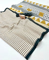 White & Black Printed Linen Saree with Mustard Geometric Pallu | Designer Linen Saree for Women