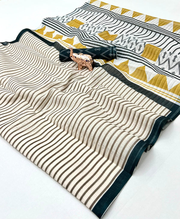 White & Black Printed Linen Saree with Mustard Geometric Pallu | Designer Linen Saree for Women