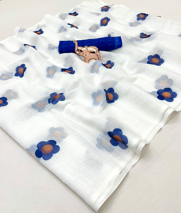 White Linen Saree with Blue Floral Print & Orange Accents | Elegant Printed Linen Saree for Women