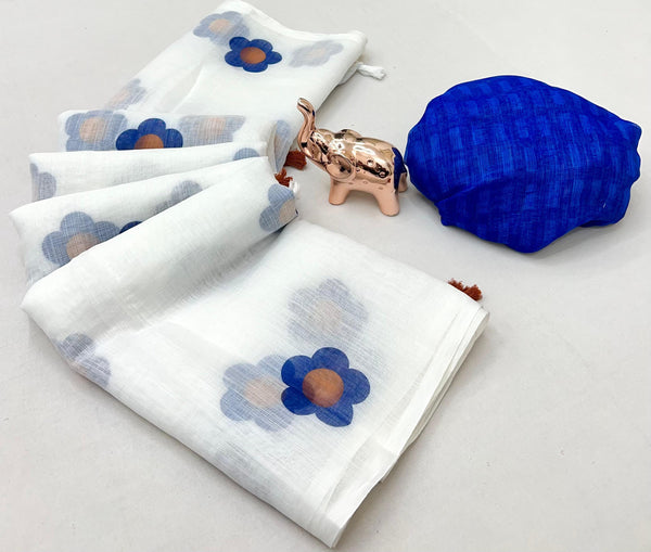 White Linen Saree with Blue Floral Print & Orange Accents | Elegant Printed Linen Saree for Women