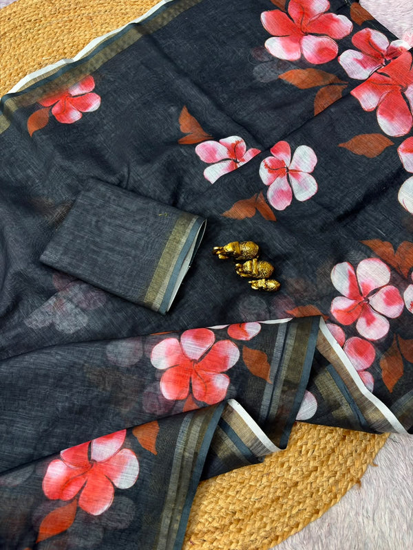 Floral Printed Linen Saree for Women | Elegant Lightweight Designer Saree