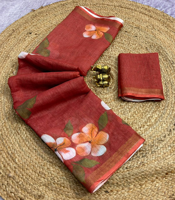 Floral Printed Linen Saree for Women | Elegant Lightweight Designer Saree