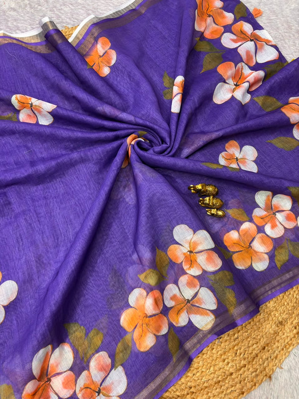 Floral Printed Linen Saree for Women | Elegant Lightweight Designer Saree