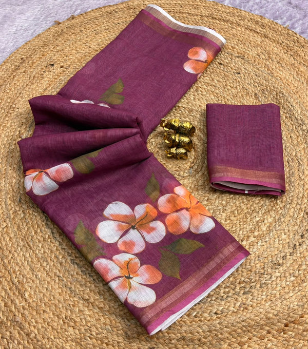 Floral Printed Linen Saree for Women | Elegant Lightweight Designer Saree