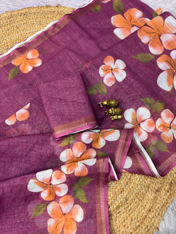 Floral Printed Linen Saree for Women | Elegant Lightweight Designer Saree