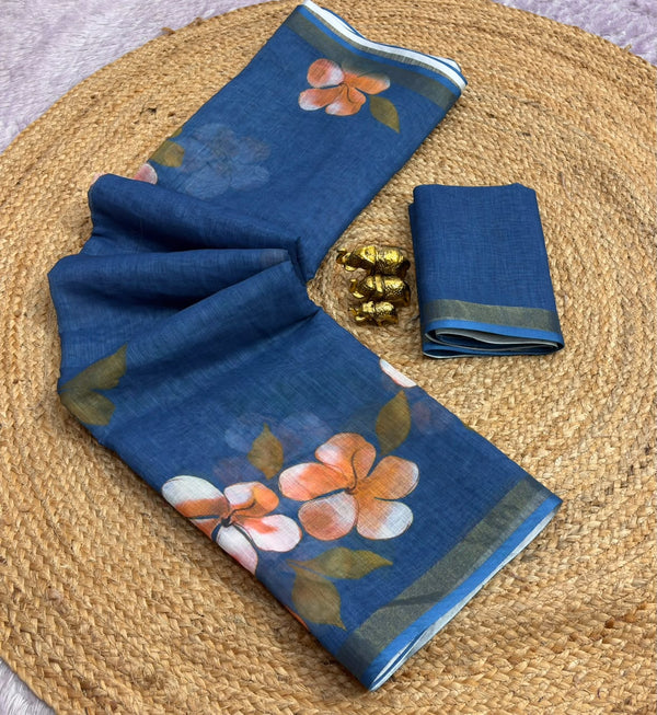 Floral Printed Linen Saree for Women | Elegant Lightweight Designer Saree