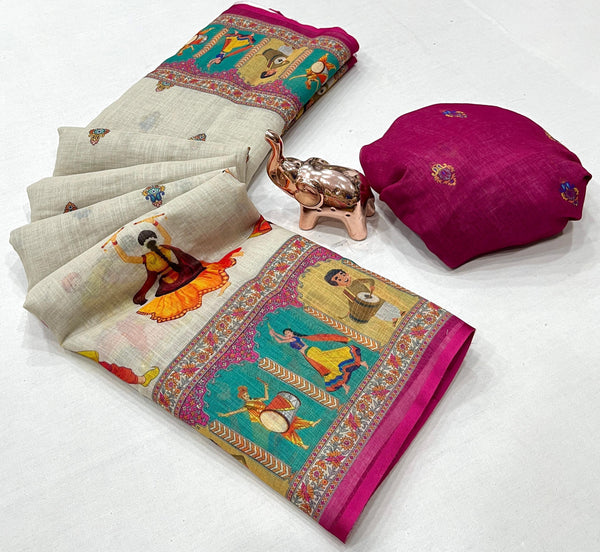Printed Linen Saree for Women | Kalamkari & Ethnic Art Print Linen Saree with Designer Border
