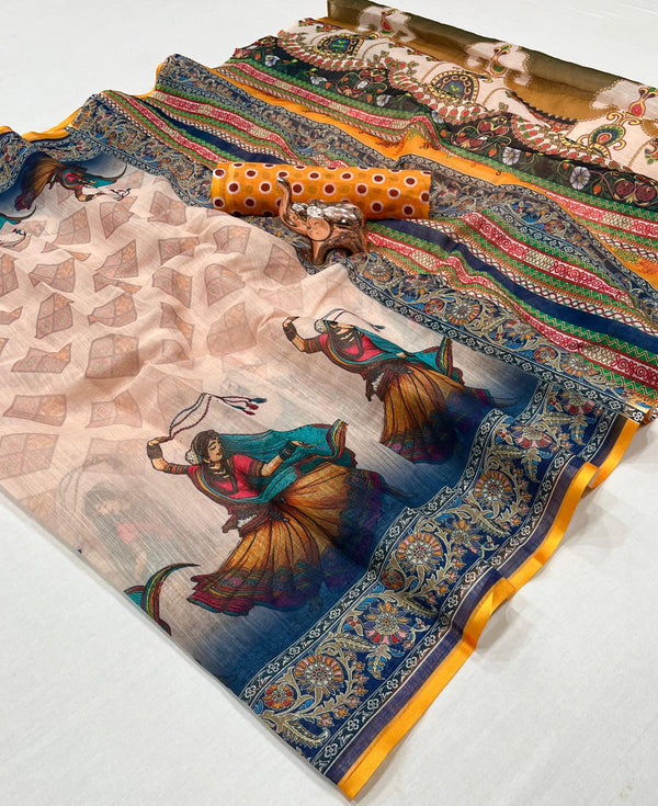 Printed Linen Saree for Women | Kalamkari & Ethnic Art Print Linen Saree with Designer Border