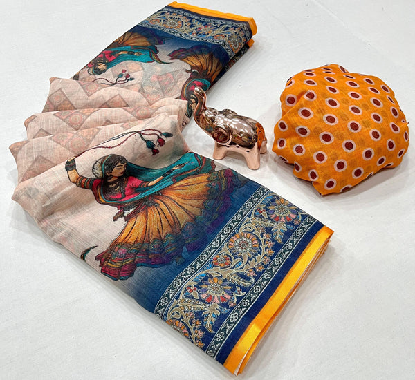 Printed Linen Saree for Women | Kalamkari & Ethnic Art Print Linen Saree with Designer Border