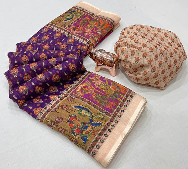 Printed Linen Saree for Women | Kalamkari & Ethnic Art Print Linen Saree with Designer Border