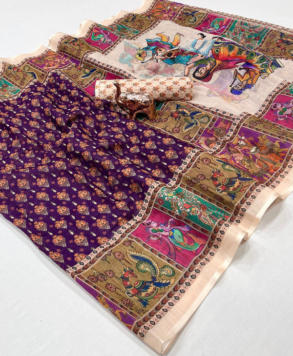 Printed Linen Saree for Women | Kalamkari & Ethnic Art Print Linen Saree with Designer Border