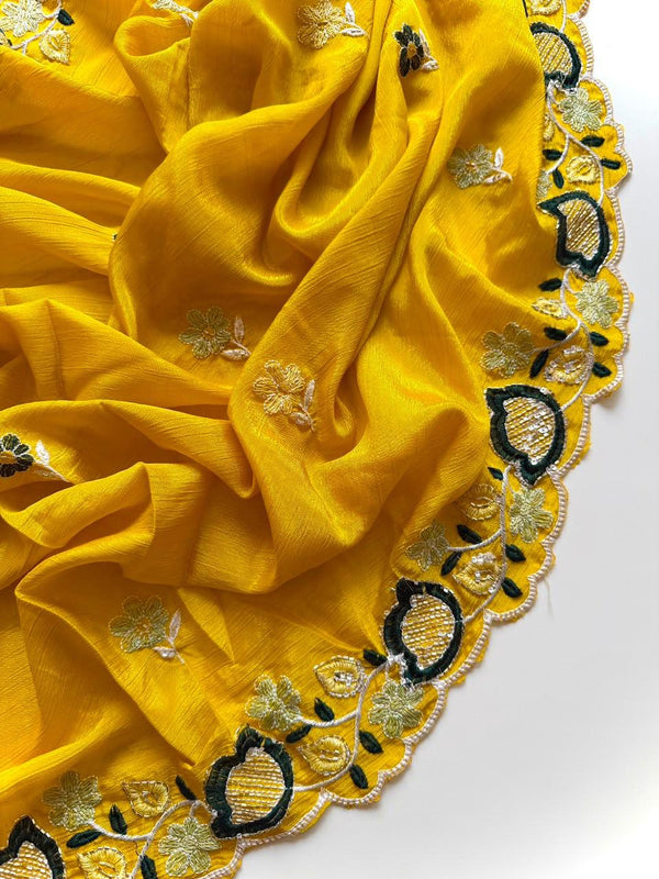 Chinnon Saree for Women | Elegant Embroidered Saree with Designer Floral Lace Border