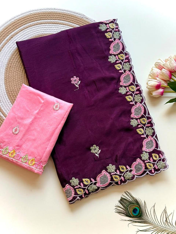 Chinnon Saree for Women | Elegant Embroidered Saree with Designer Floral Lace Border