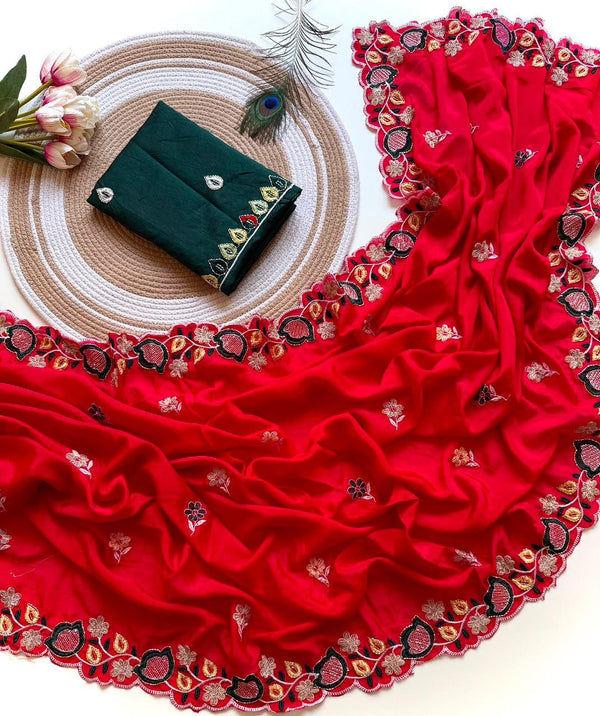 Chinnon Saree for Women | Elegant Embroidered Saree with Designer Floral Lace Border