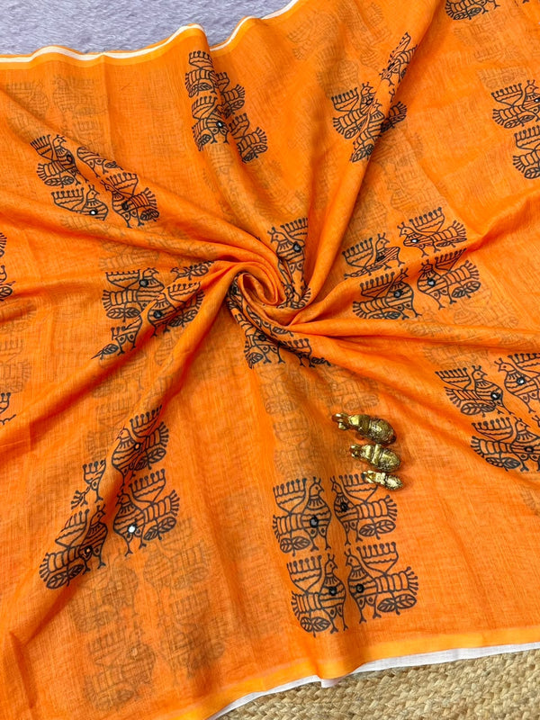 Printed Linen Saree for Women | Traditional Bird Motif Linen Saree with Contrast Blouse | Festive & Ethnic Wear